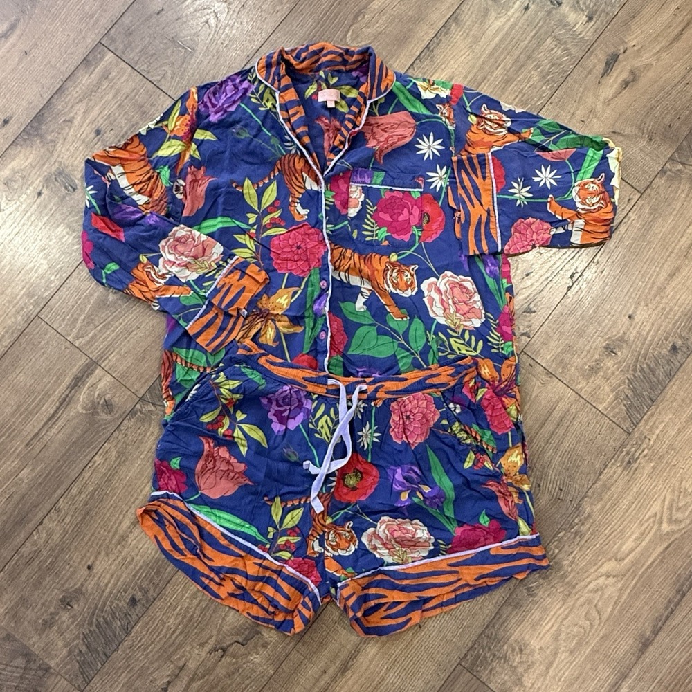 Powder Design Tiger Face Indigo Floral Pajama Set PJ's Pajamas Top Women's S